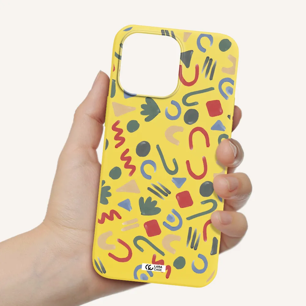 a pattern of colorful shapes Apple iPhone 14 pro max Silicone canary yellow Case