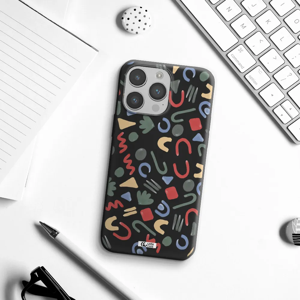 a pattern of colorful shapes Apple iPhone 14 pro Silicone black Case