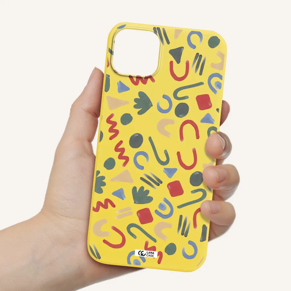 a pattern of colorful shapes Apple iPhone 14 Silicone canary yellow Case