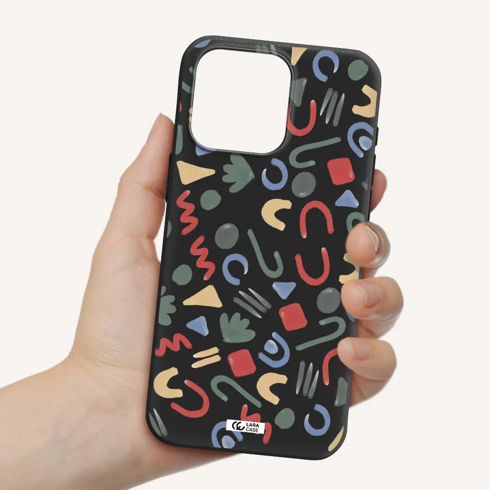 a pattern of colorful shapes Apple Iphone 15 Pro max Silicone black Case