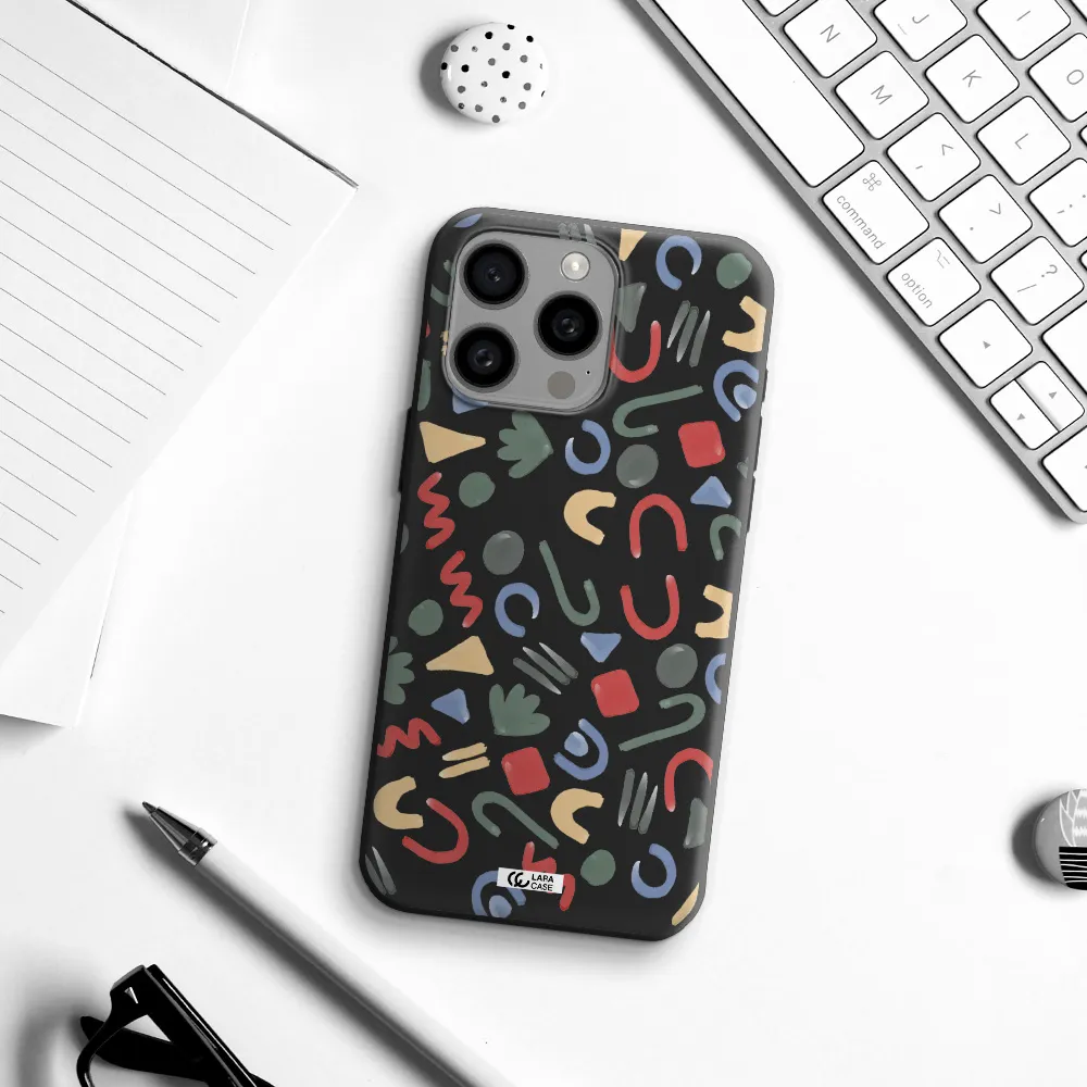 a pattern of colorful shapes Apple Iphone 15 Pro max Silicone black Case