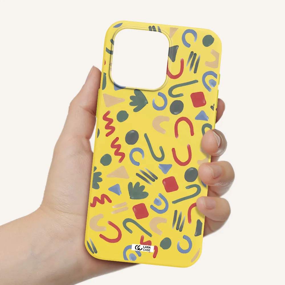 a pattern of colorful shapes Apple Iphone 15 Pro max Silicone canary yellow Case