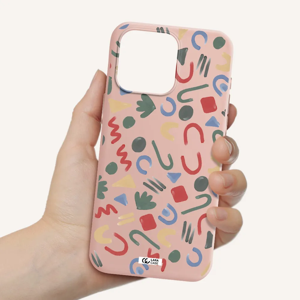 a pattern of colorful shapes Apple Iphone 15 Pro max Silicone pastel pink Case