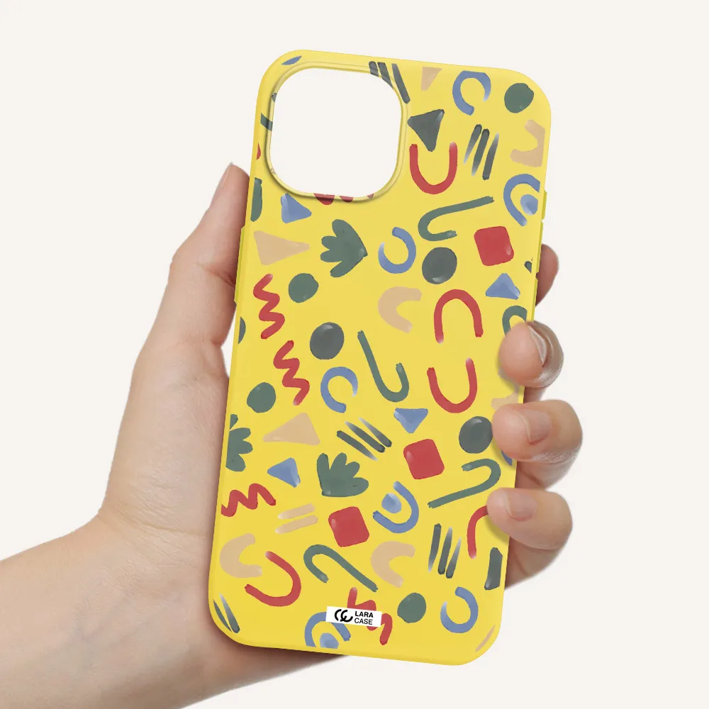 a pattern of colorful shapes Apple iPhone 15 Silicone canary yellow Case