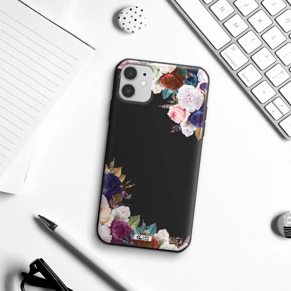 a corner of flowers with leaves Apple iPhone 11 Silicone black Case