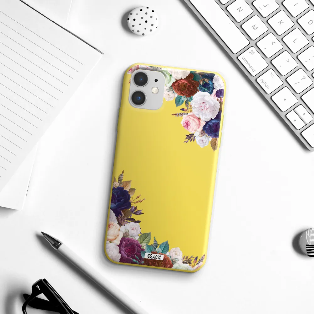 a corner of flowers with leaves Apple iPhone 11 Silicone canary yellow Case