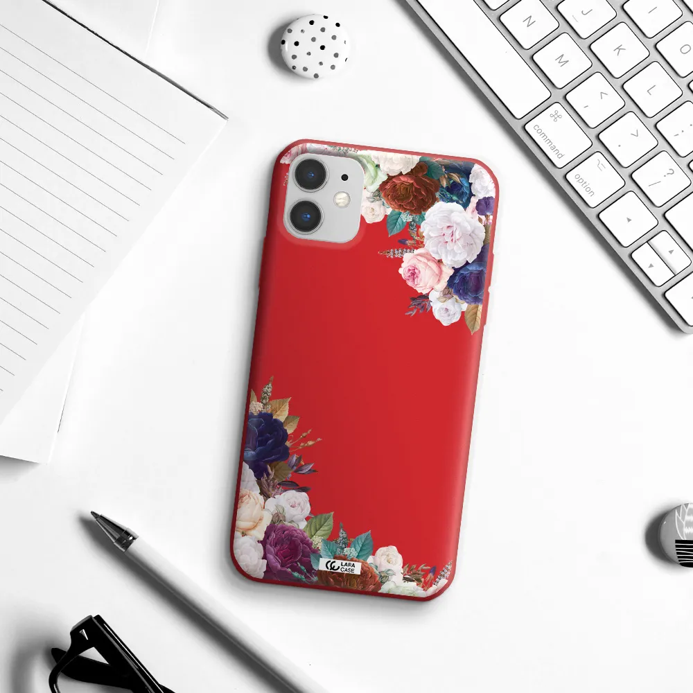 a corner of flowers with leaves Apple iPhone 11 Silicone Imperial Red Case