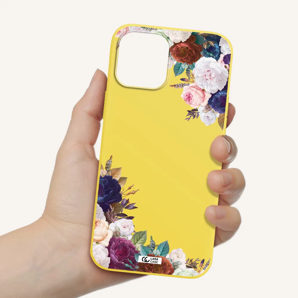 a corner of flowers with leaves Apple iPhone 12 pro max Silicone canary yellow Case
