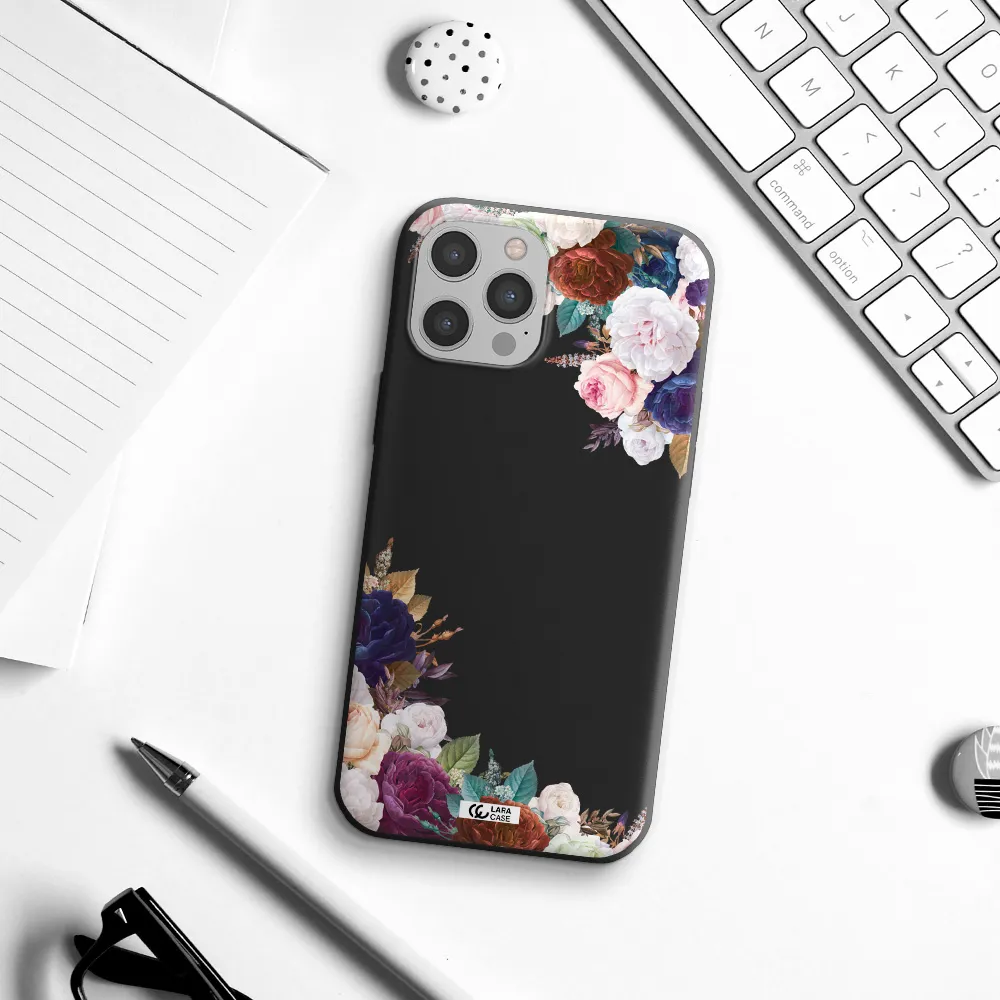 a corner of flowers with leaves Apple iPhone 12 pro Silicone black Case