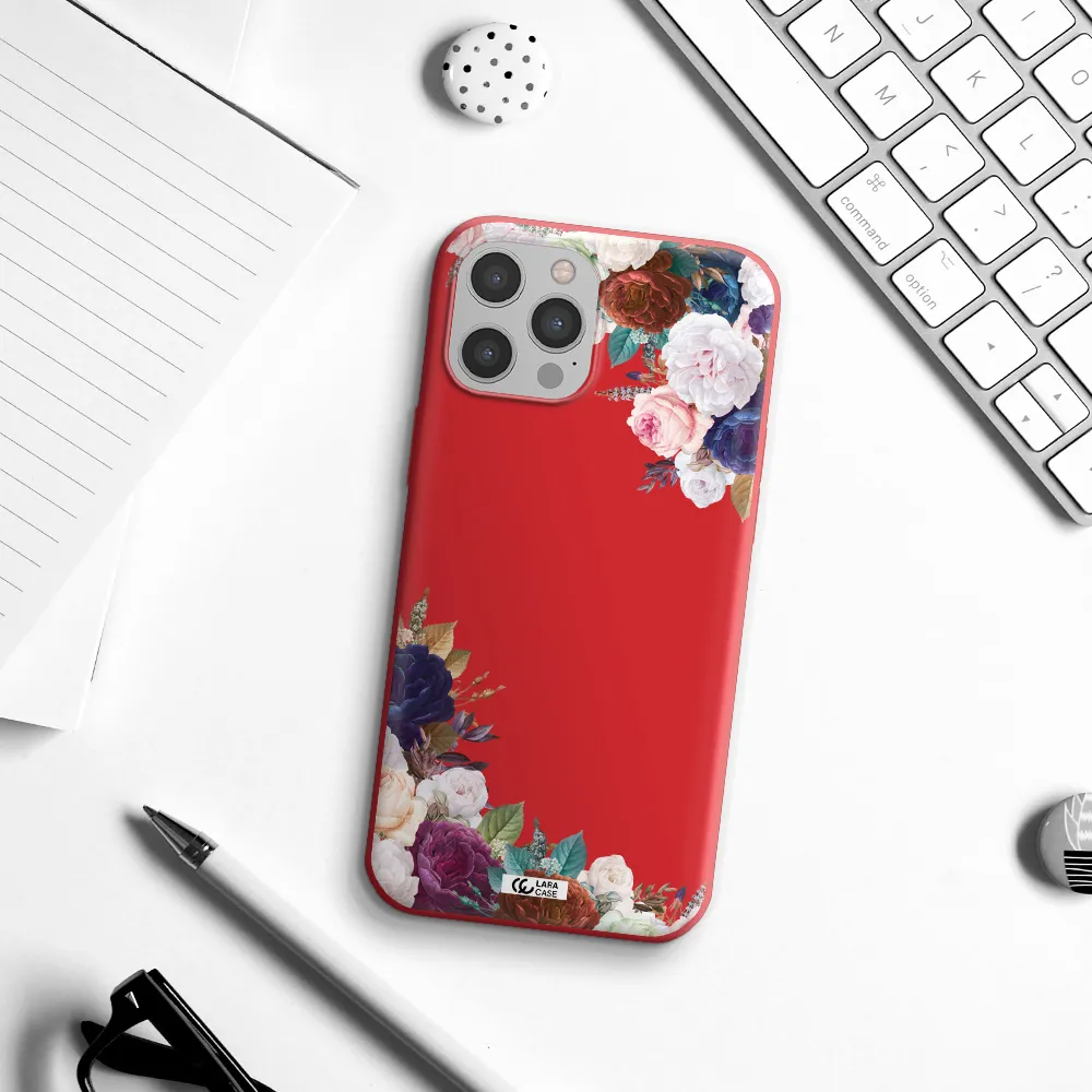 a corner of flowers with leaves Apple iPhone 12 pro Silicone Imperial Red Case