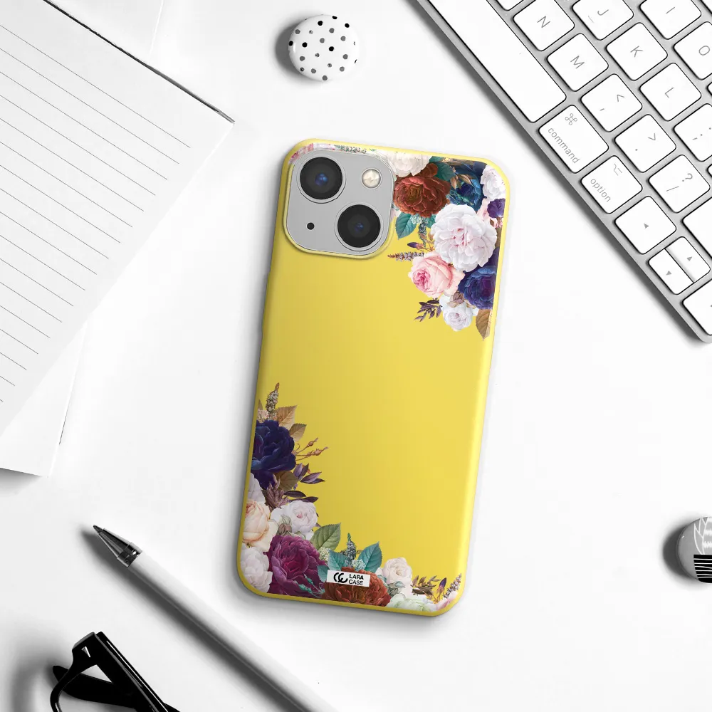 a corner of flowers with leaves Apple iPhone 13 mini Silicone canary yellow Case