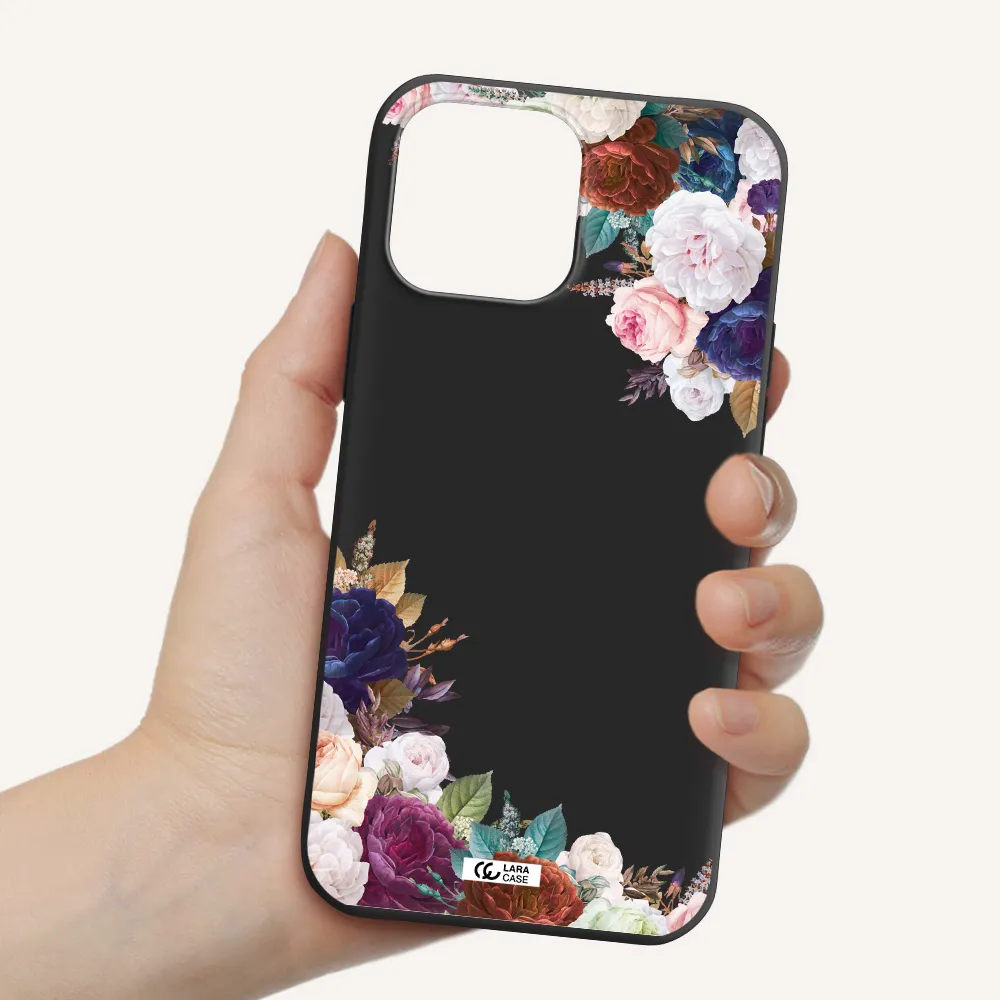 a corner of flowers with leaves Apple iPhone 13 Pro Max Silicone black Case