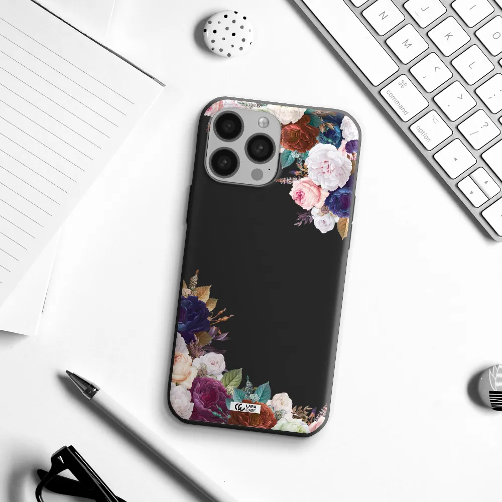 a corner of flowers with leaves Apple iPhone 13 Pro Max Silicone black Case
