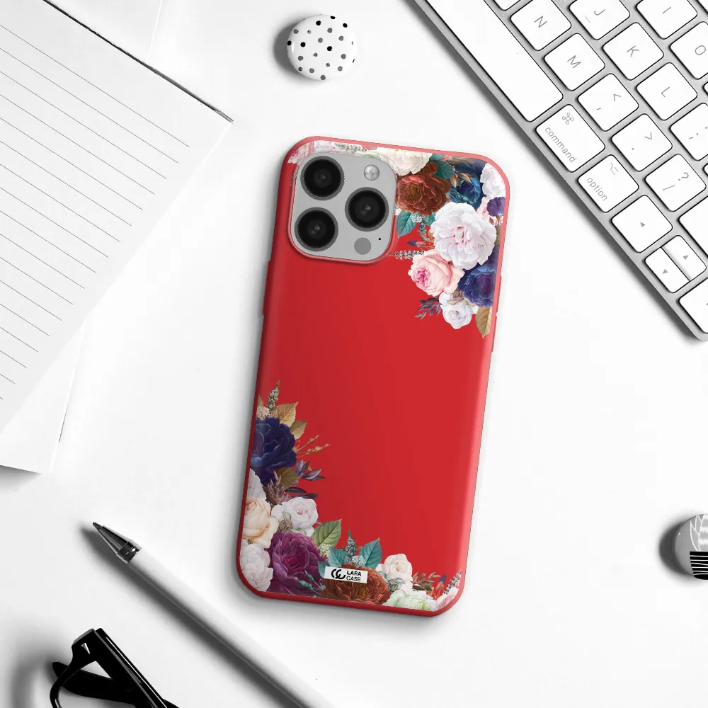 a corner of flowers with leaves Apple iPhone 13 Pro Max Silicone Imperial Red Case