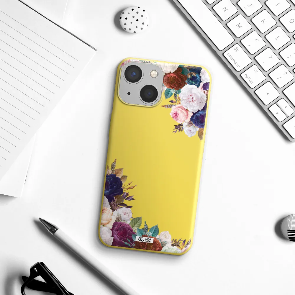a corner of flowers with leaves Apple iPhone 13 Silicone canary yellow Case