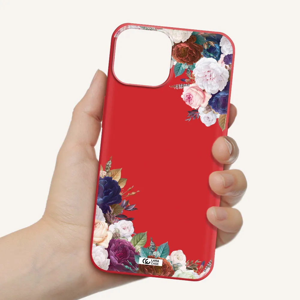 a corner of flowers with leaves Apple iPhone 13 Silicone Imperial Red Case