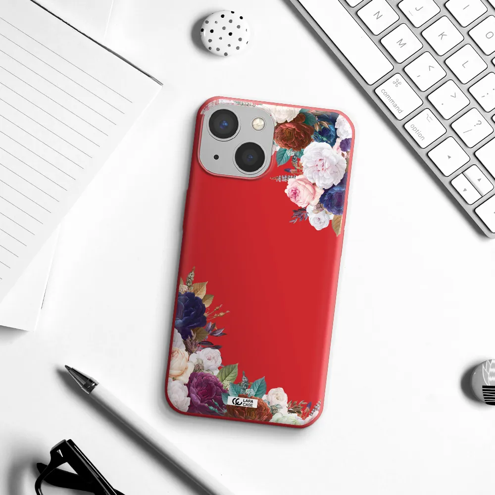 a corner of flowers with leaves Apple iPhone 13 Silicone Imperial Red Case