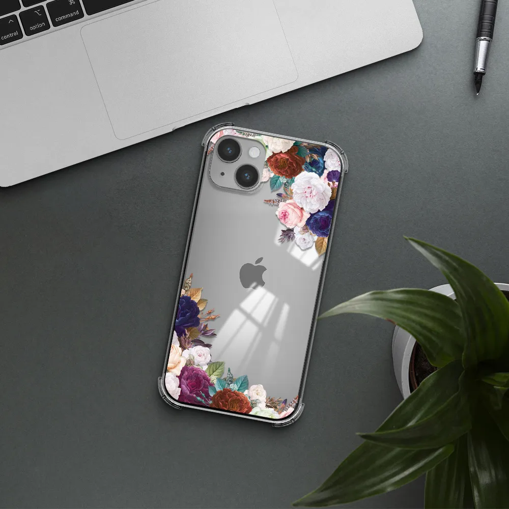 a corner of flowers with leaves Apple iPhone 14 Clear PC Case
