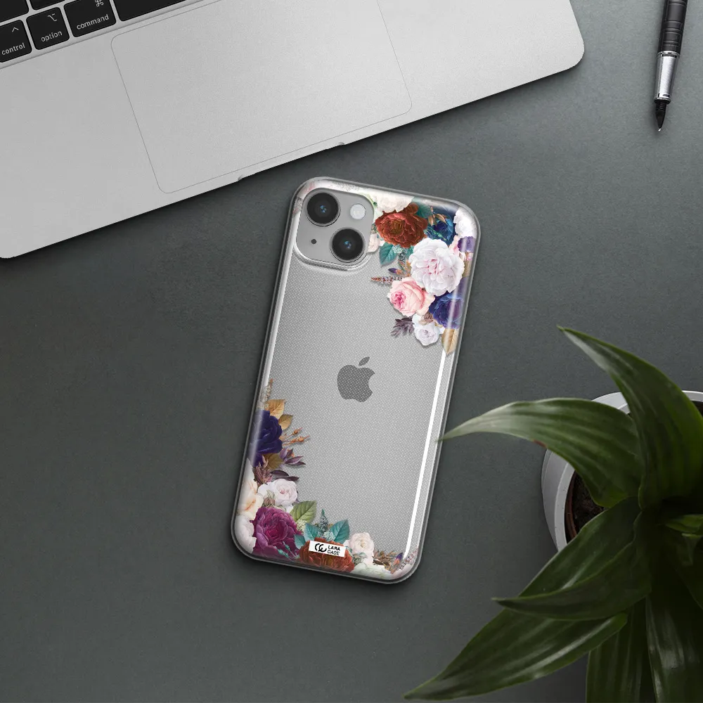 a corner of flowers with leaves Apple iPhone 14 plus Clear TPU Case
