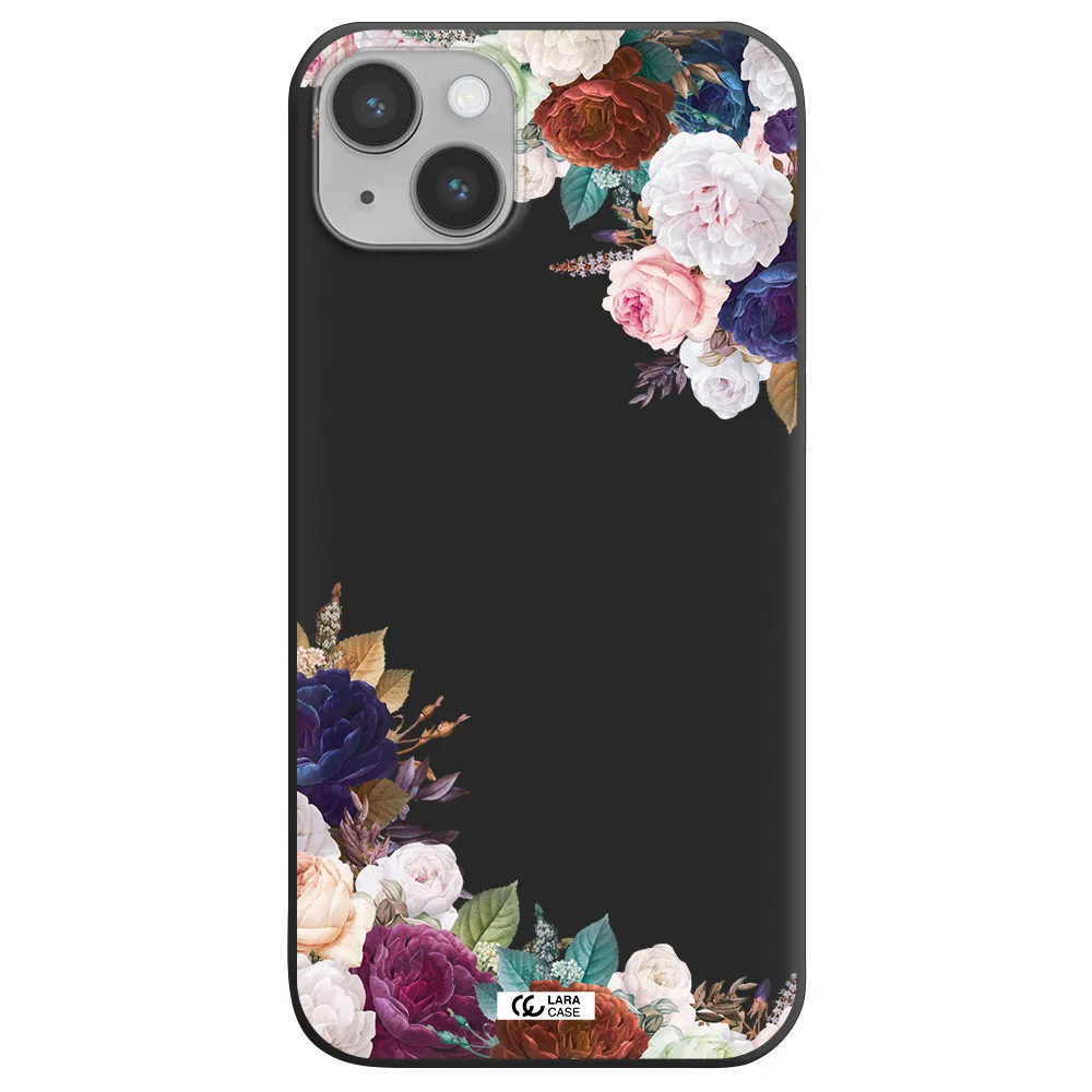 a corner of flowers with leaves Apple iPhone 14 plus Silicone black Case