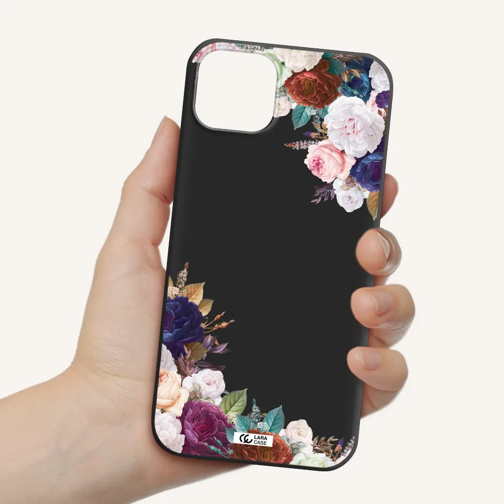 a corner of flowers with leaves Apple iPhone 14 plus Silicone black Case