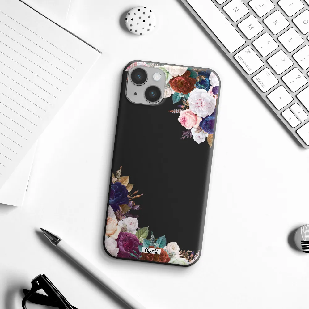 a corner of flowers with leaves Apple iPhone 14 plus Silicone black Case