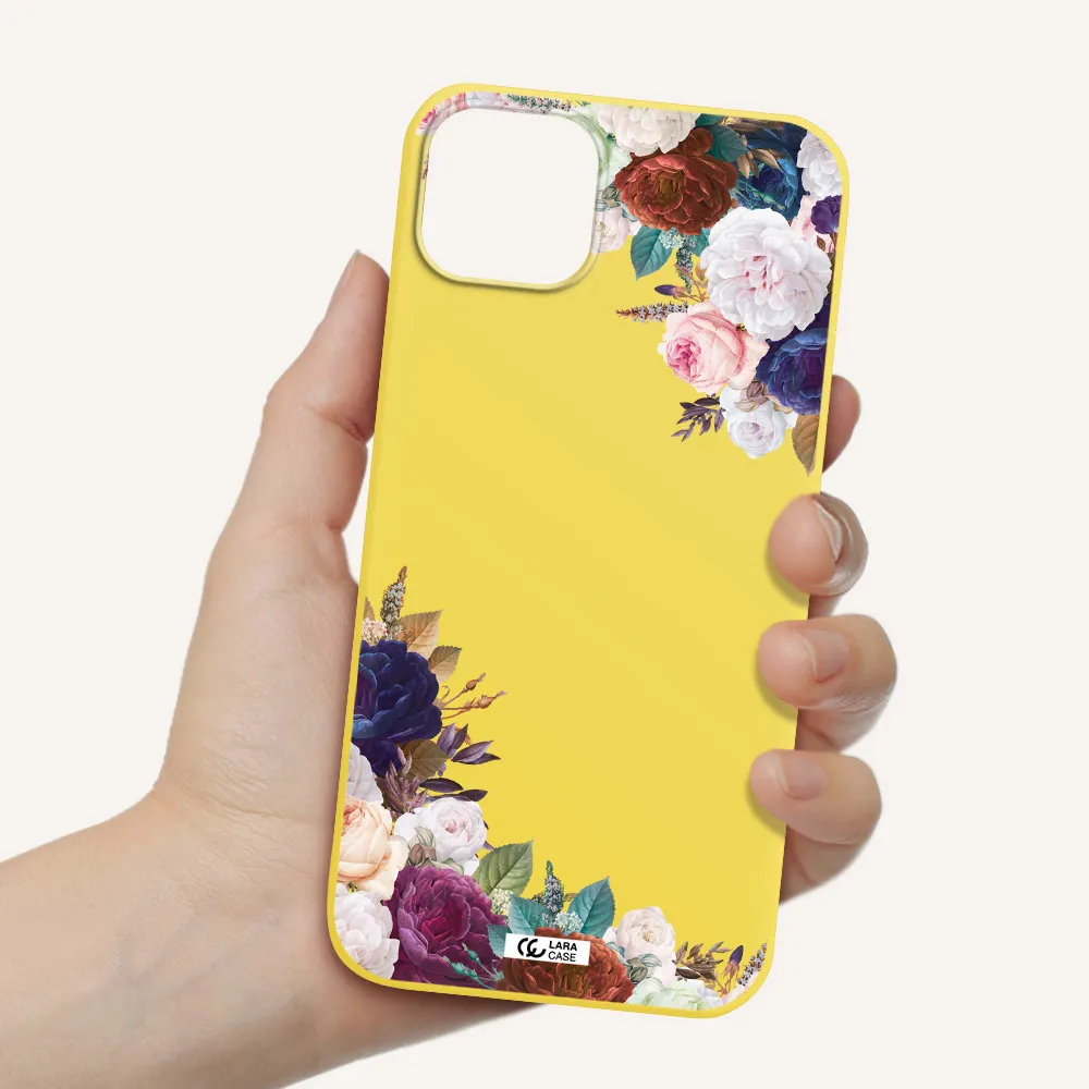 a corner of flowers with leaves Apple iPhone 14 plus Silicone canary yellow Case