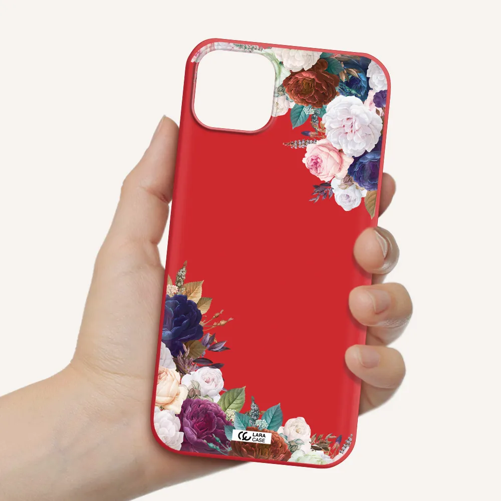 a corner of flowers with leaves Apple iPhone 14 plus Silicone Imperial Red Case