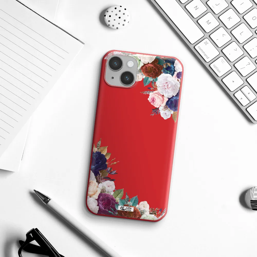 a corner of flowers with leaves Apple iPhone 14 plus Silicone Imperial Red Case