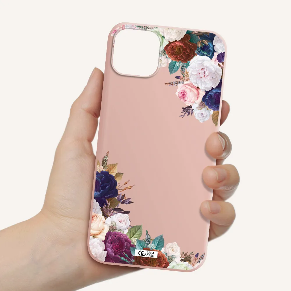 a corner of flowers with leaves Apple iPhone 14 plus Silicone pastel pink Case
