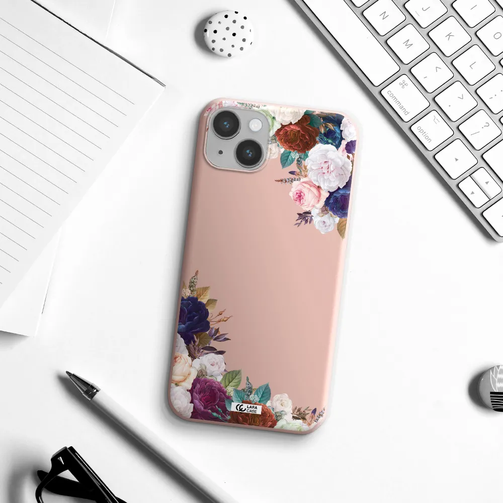 a corner of flowers with leaves Apple iPhone 14 plus Silicone pastel pink Case