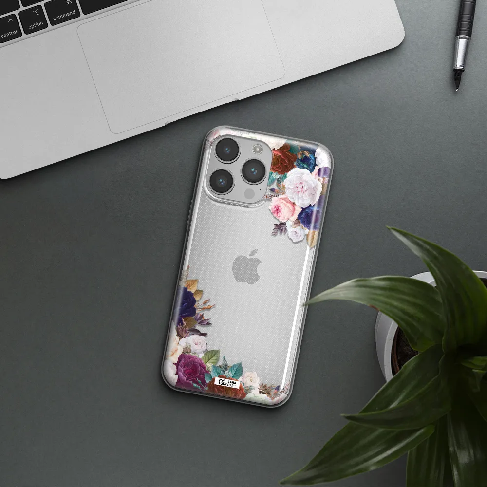 a corner of flowers with leaves Apple iPhone 14 pro Clear TPU Case