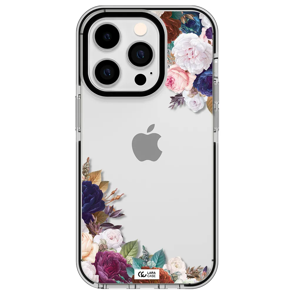 a corner of flowers with leaves Apple iPhone 14 pro impact black border Case