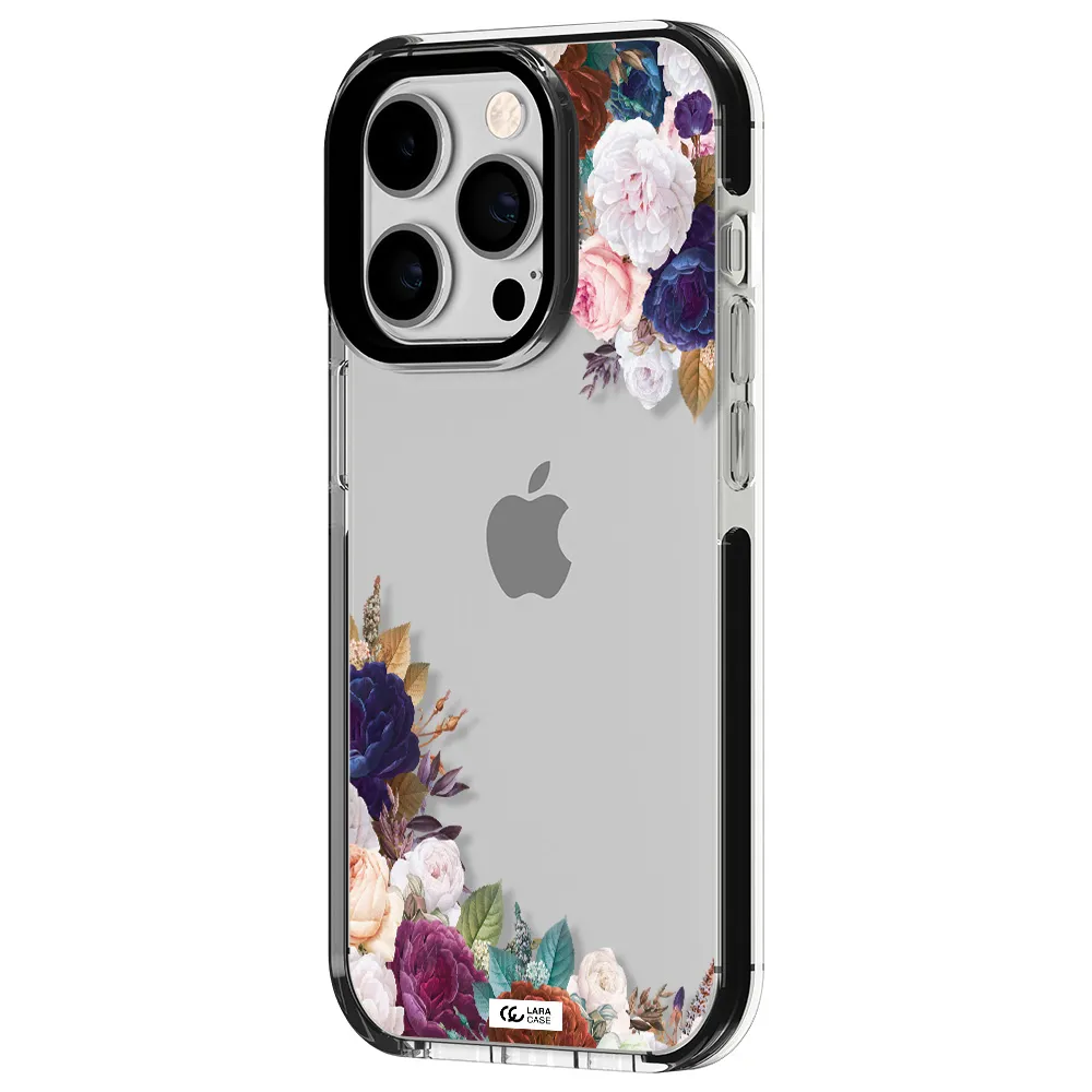 a corner of flowers with leaves Apple iPhone 14 pro impact black border Case