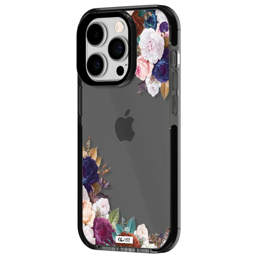 a corner of flowers with leaves Apple iPhone 14 pro impact Smoke Black Case