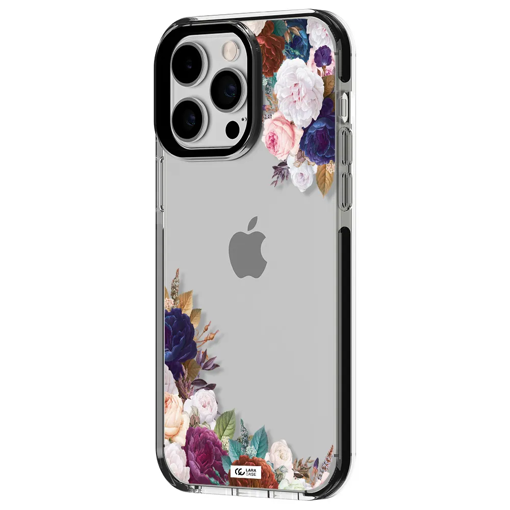a corner of flowers with leaves Apple iPhone 14 pro max impact black border Case