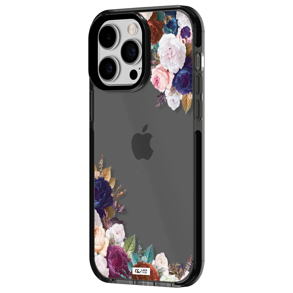 a corner of flowers with leaves Apple iPhone 14 pro max impact Smoke Black Case