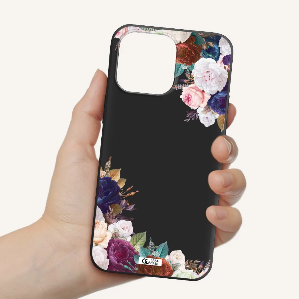 a corner of flowers with leaves Apple iPhone 14 pro max Silicone black Case
