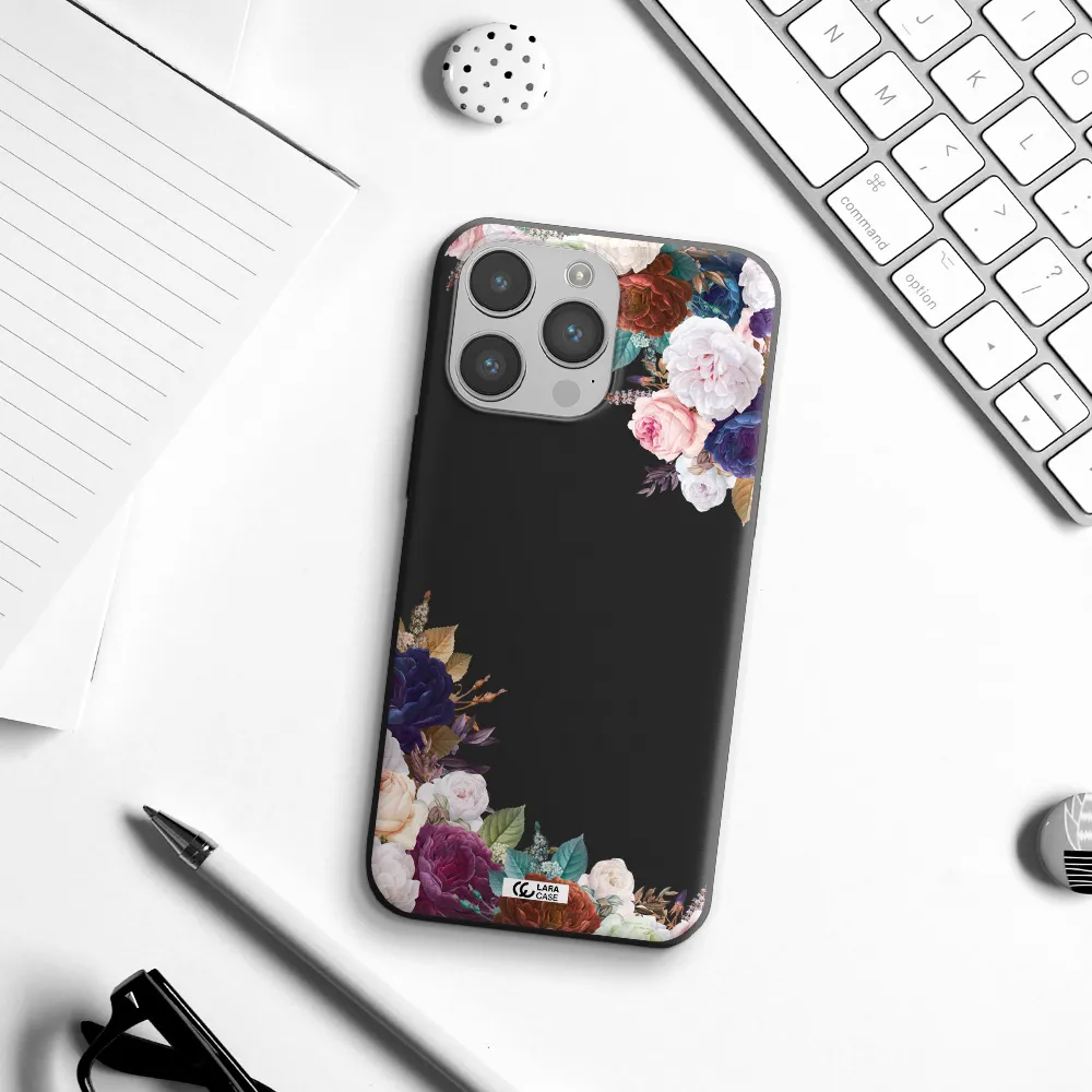 a corner of flowers with leaves Apple iPhone 14 pro max Silicone black Case