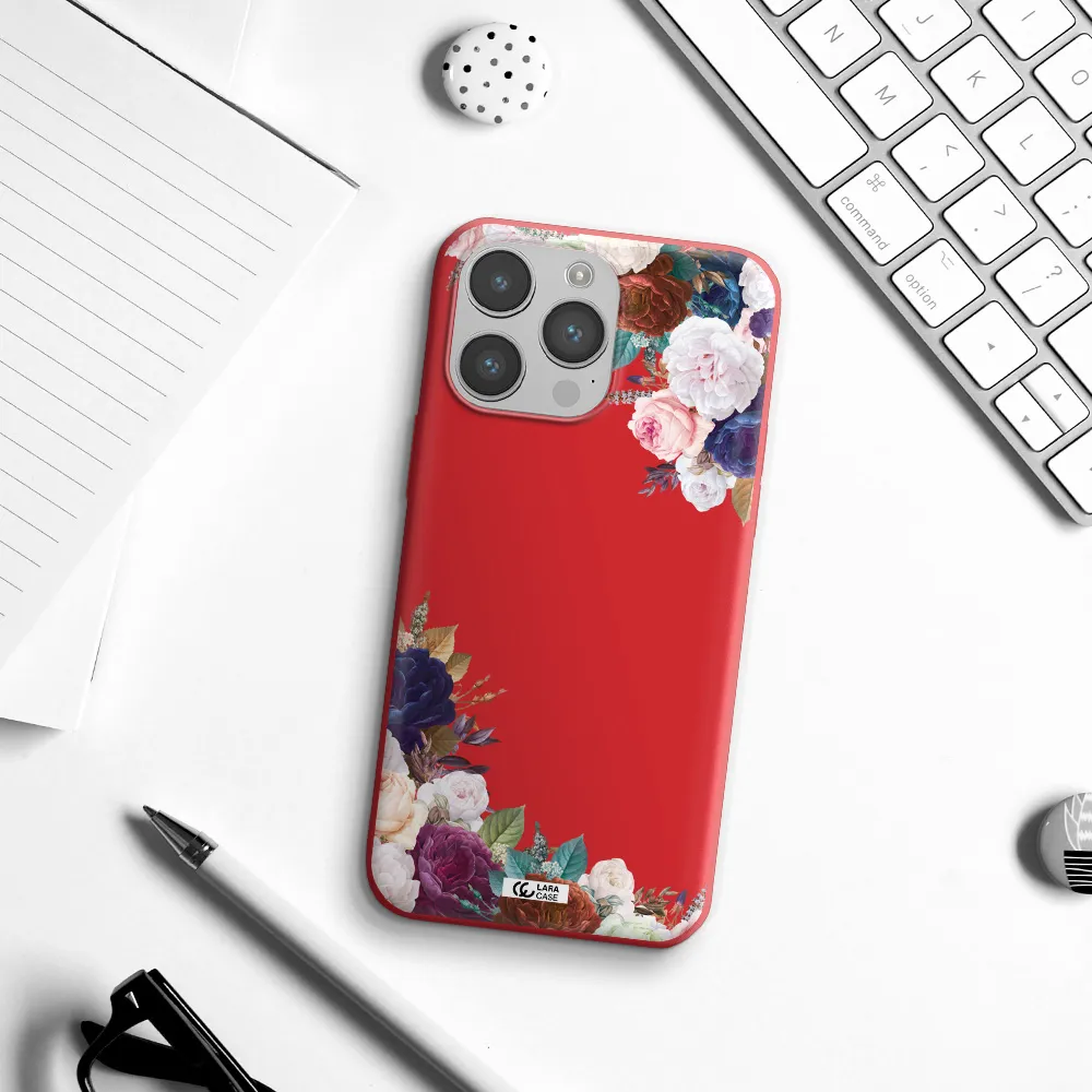 a corner of flowers with leaves Apple iPhone 14 pro max Silicone Imperial Red Case
