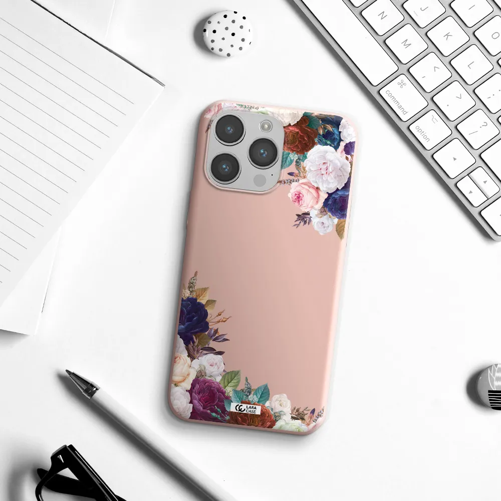 a corner of flowers with leaves Apple iPhone 14 pro max Silicone pastel pink Case