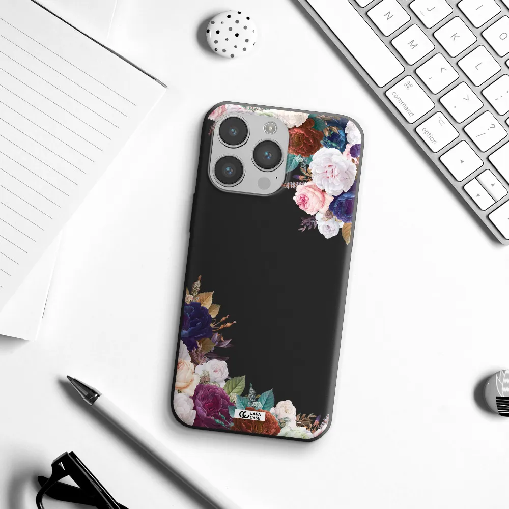 a corner of flowers with leaves Apple iPhone 14 pro Silicone black Case