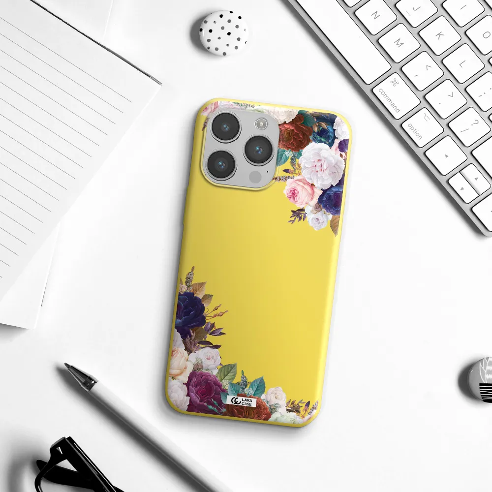 a corner of flowers with leaves Apple iPhone 14 pro Silicone canary yellow Case