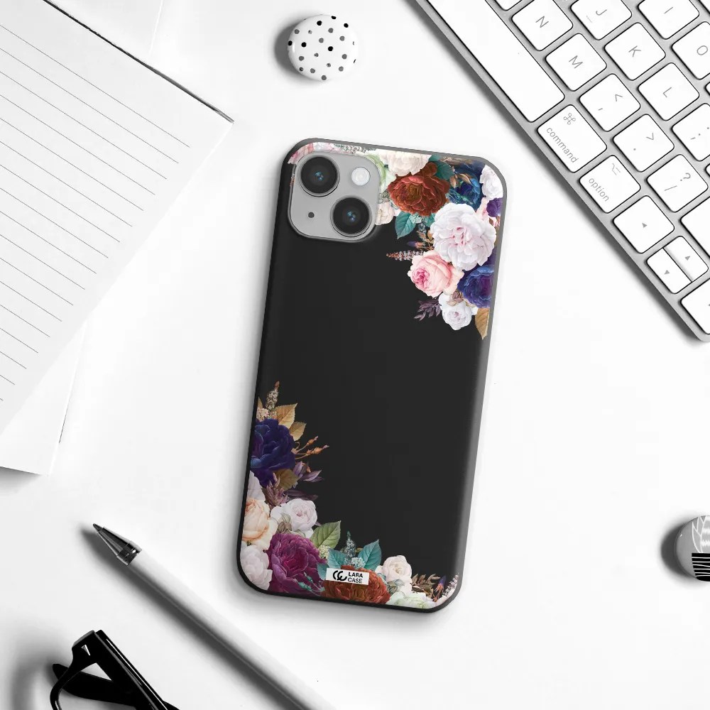 a corner of flowers with leaves Apple iPhone 14 Silicone black Case