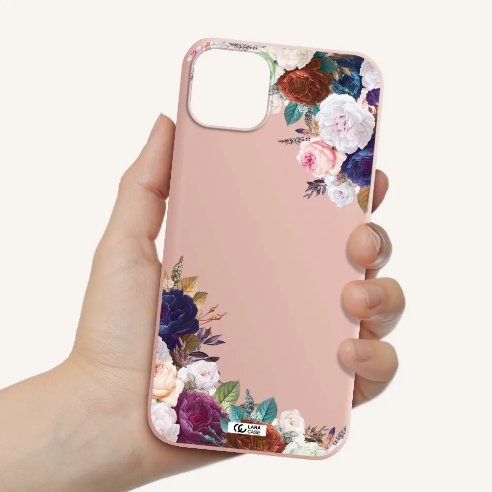 a corner of flowers with leaves Apple iPhone 14 Silicone pastel pink Case