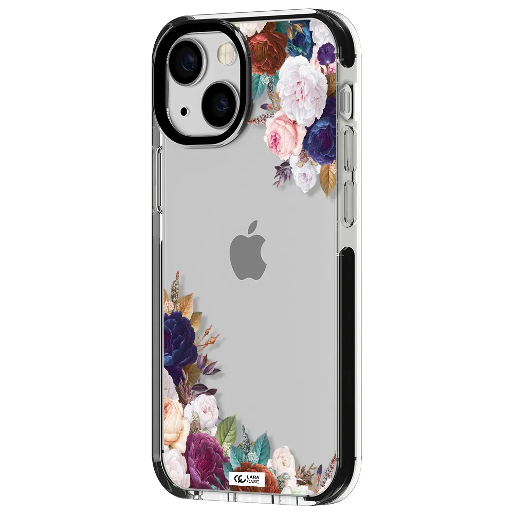 a corner of flowers with leaves Apple iPhone 15 impact black border Case