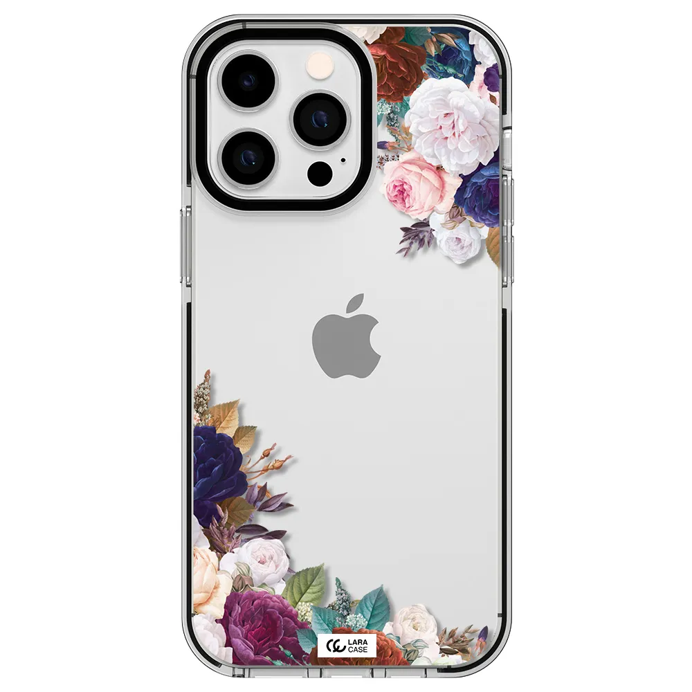a corner of flowers with leaves Apple iPhone 15 Pro Max impact black border Case