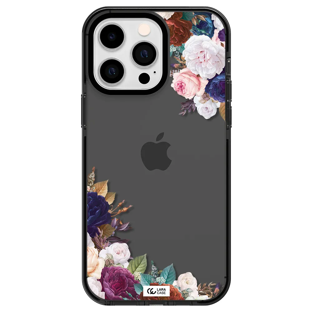 a corner of flowers with leaves Apple iPhone 15 Pro Max impact Smoke Black Case