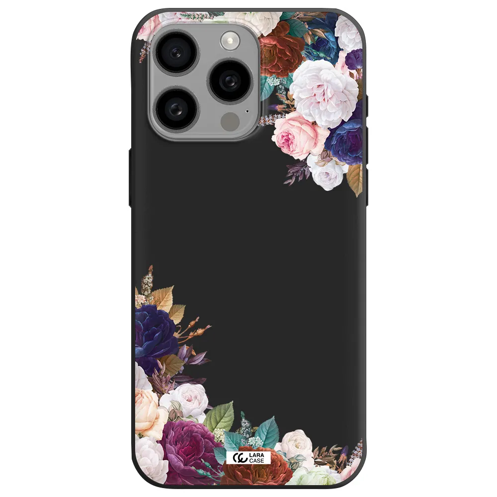 a corner of flowers with leaves Apple Iphone 15 Pro max Silicone black Case
