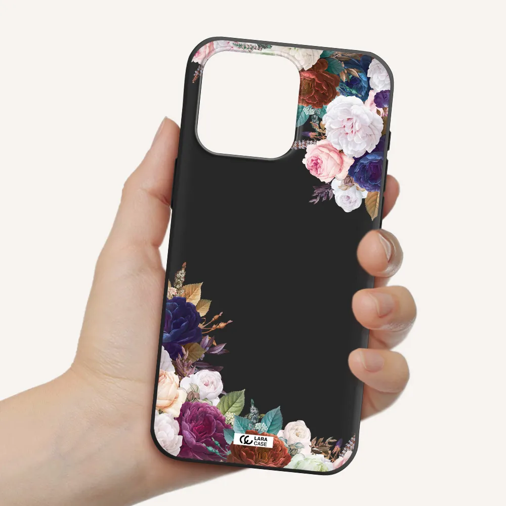 a corner of flowers with leaves Apple Iphone 15 Pro max Silicone black Case